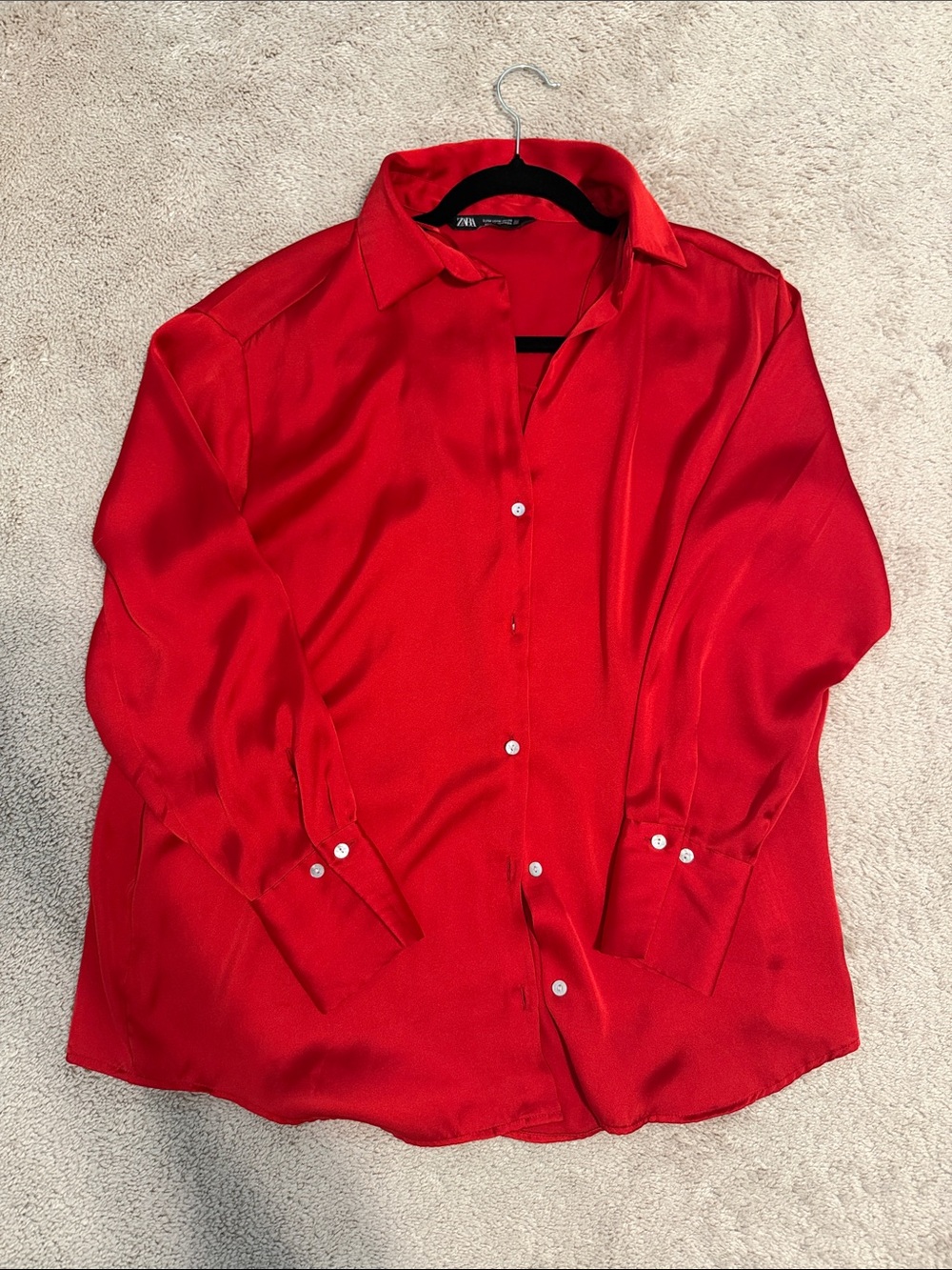 Zara Women's Red Satin Button-Down Shirt
